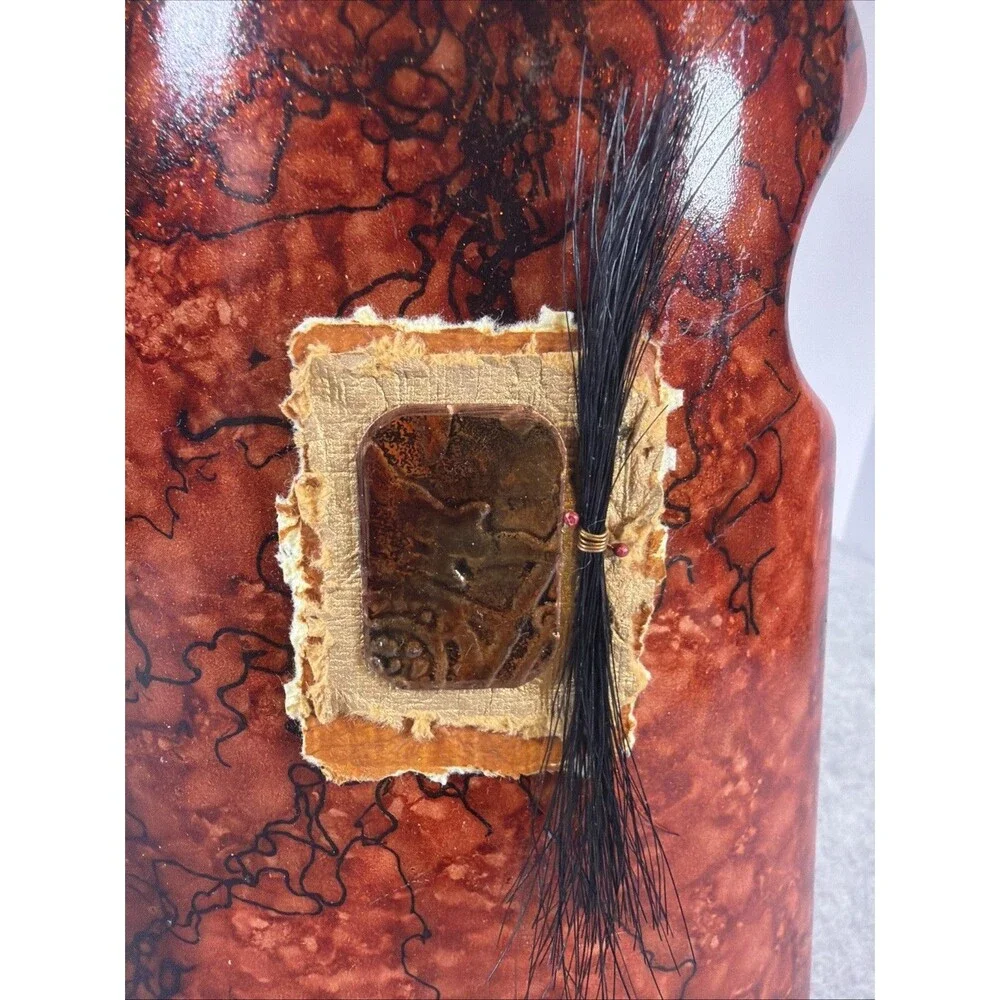 Deb Burckhard Signed Horse Hair Pottery Vase Turning Leaf Design Red Textured